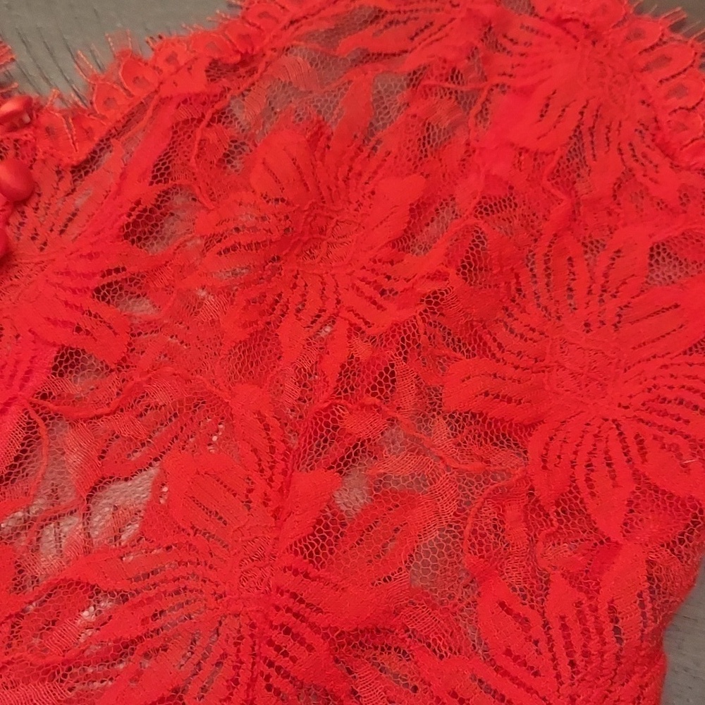 VINTAGE VICTORIA SECRET Red See-through Lace Hi Cut Romantic Bodysuit or Nighty - Picture 12 of 13